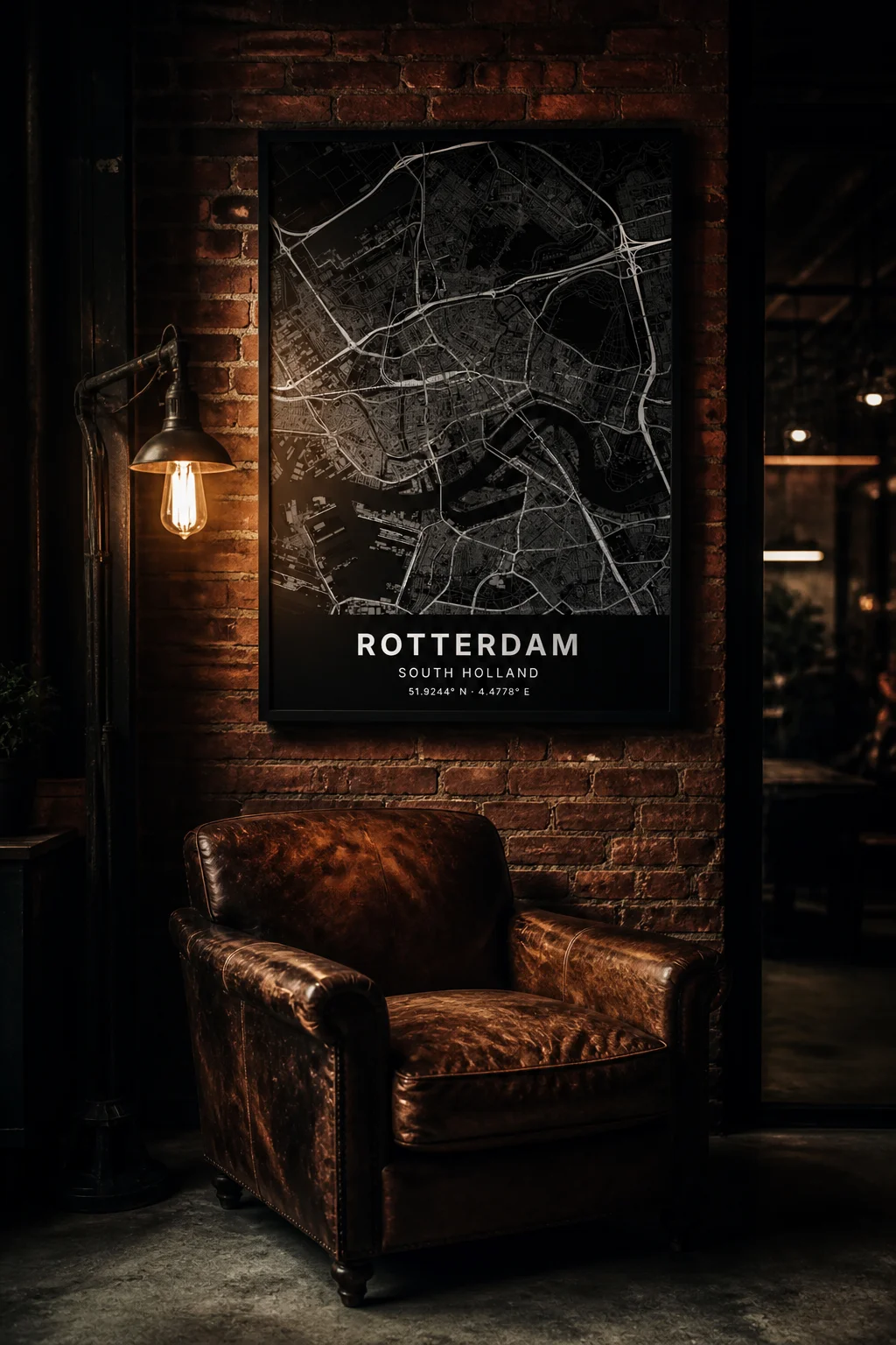 Donkere kaartposter op bakstenen muur in industrieel interieur