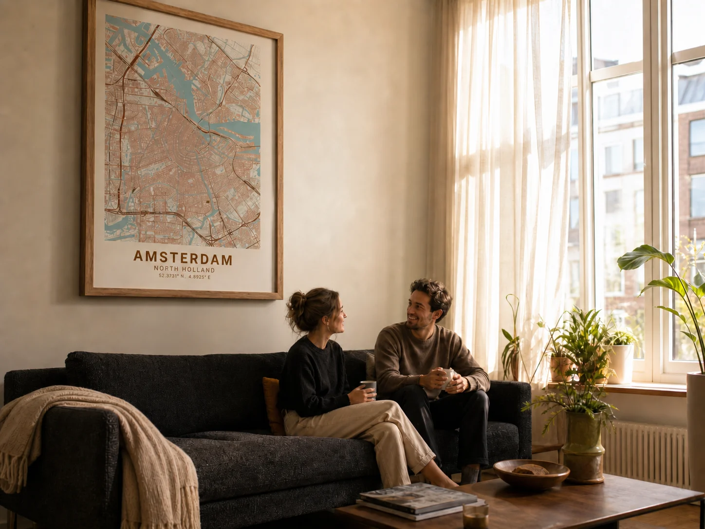 Grote kaartposter boven een bank in een woonkamer