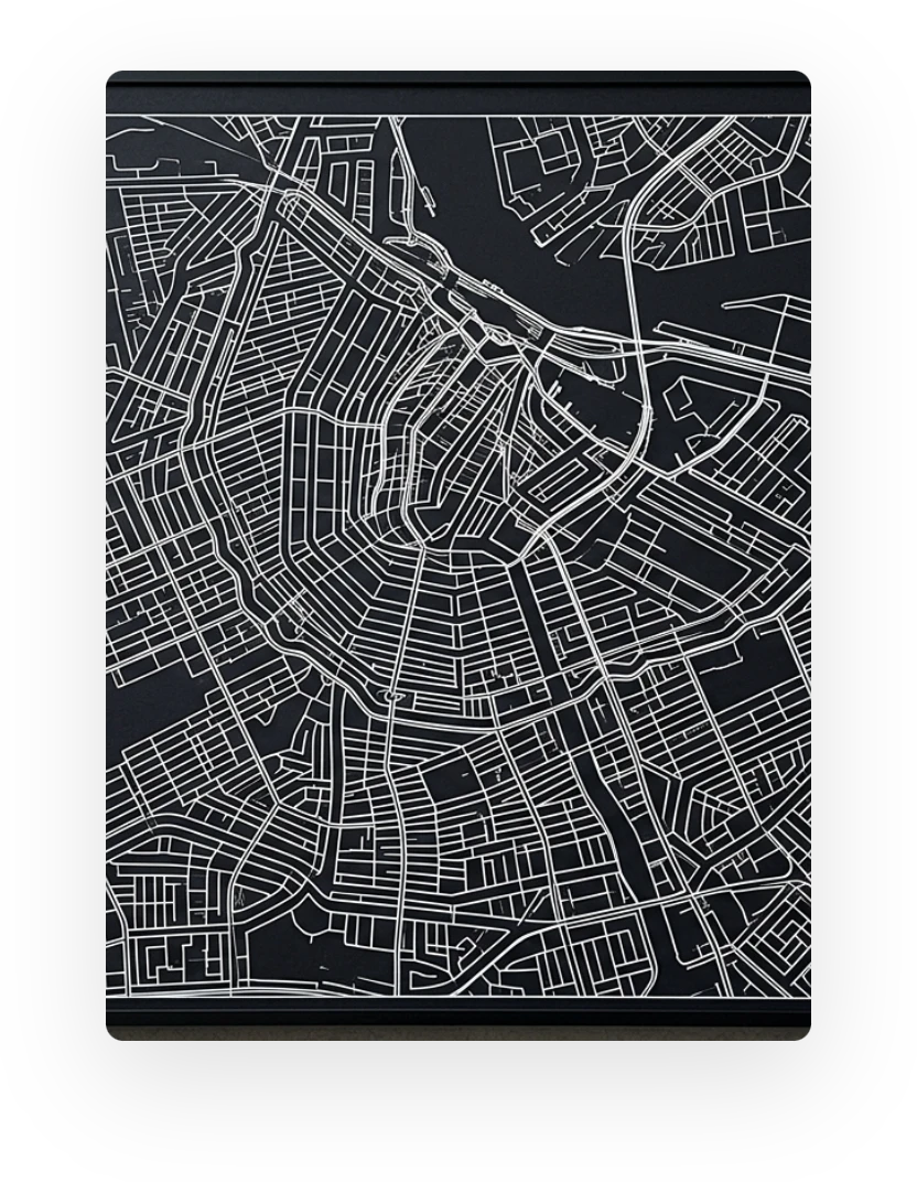 Voorbeeld kaartposter Amsterdam in Nachtzwart stijl